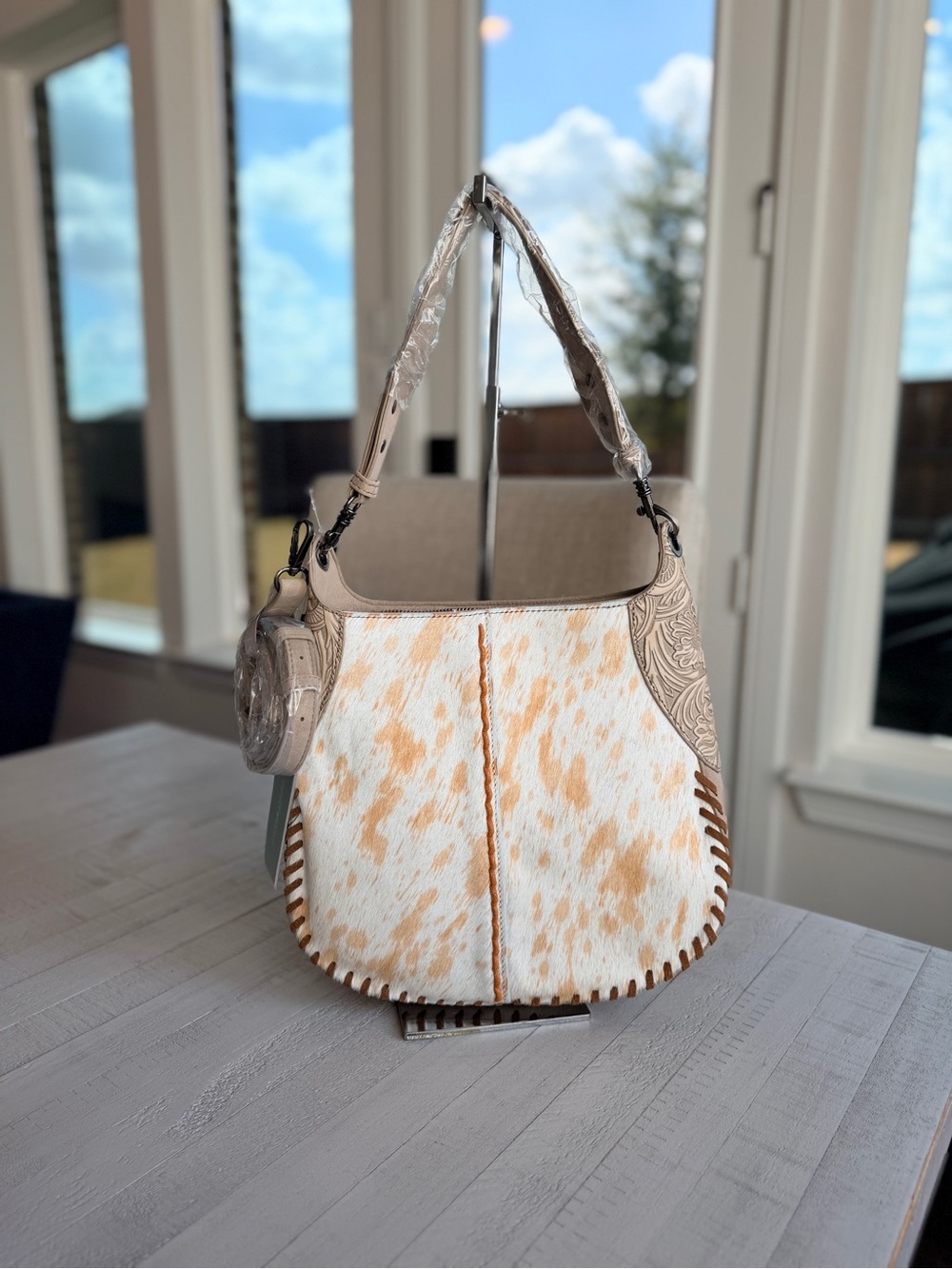 Trinity Ranch Cowhide & Tooled Leather Hobo Crossbody Bag Tan